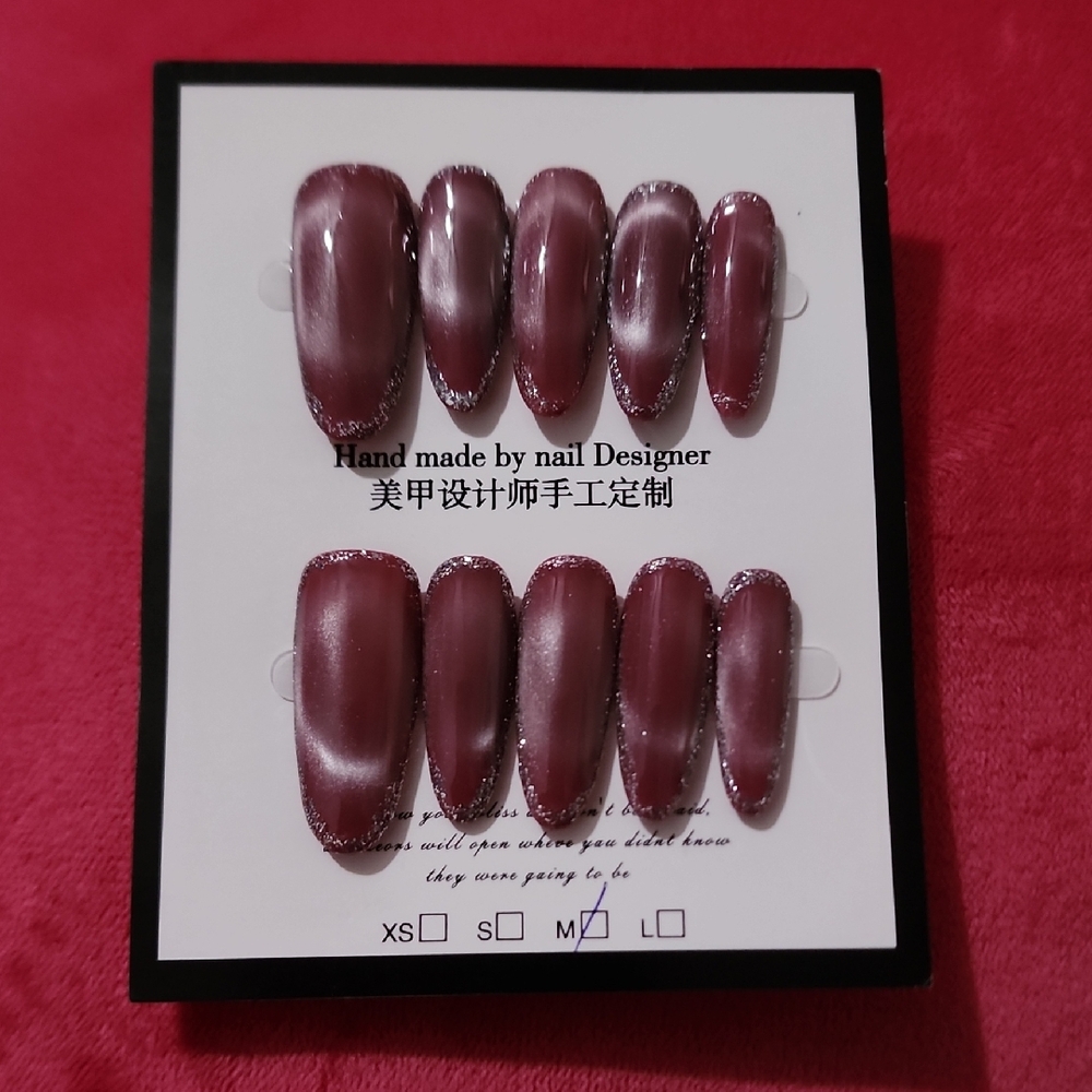 Handmade Red Gradient Press-On Nails with Silver Glitter Trim